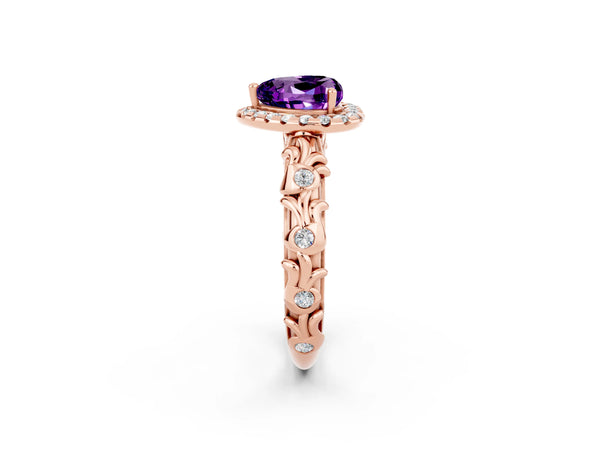 Rose gold Heart Cut Amethyst Halo Ring with Filigree Band and Prong Setting