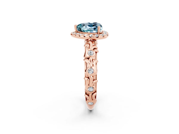 Rose gold Heart Cut Aquamarine Halo Ring with Filigree Band and Prong Setting