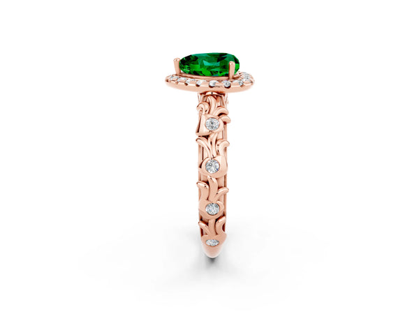 Rose gold Heart Cut Emerald Halo Ring with Filigree Band and Prong Setting