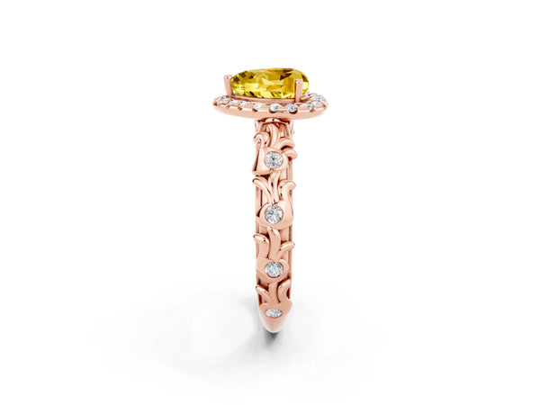 Rose gold Heart Cut Yellow Sapphire Halo Ring with Filigree Band and Prong Setting