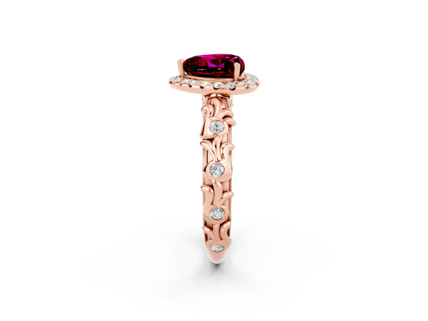 Rose gold Heart Cut Garnet Halo Ring with Filigree Band and Prong Setting