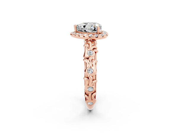 Rose gold Heart Cut Moissanite Halo Ring with Filigree Band and Prong Setting