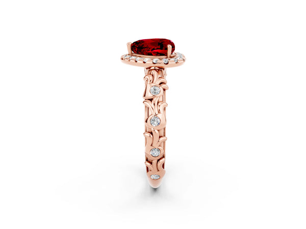 Rose gold Heart Cut Ruby Halo Ring with Filigree Band and Prong Setting