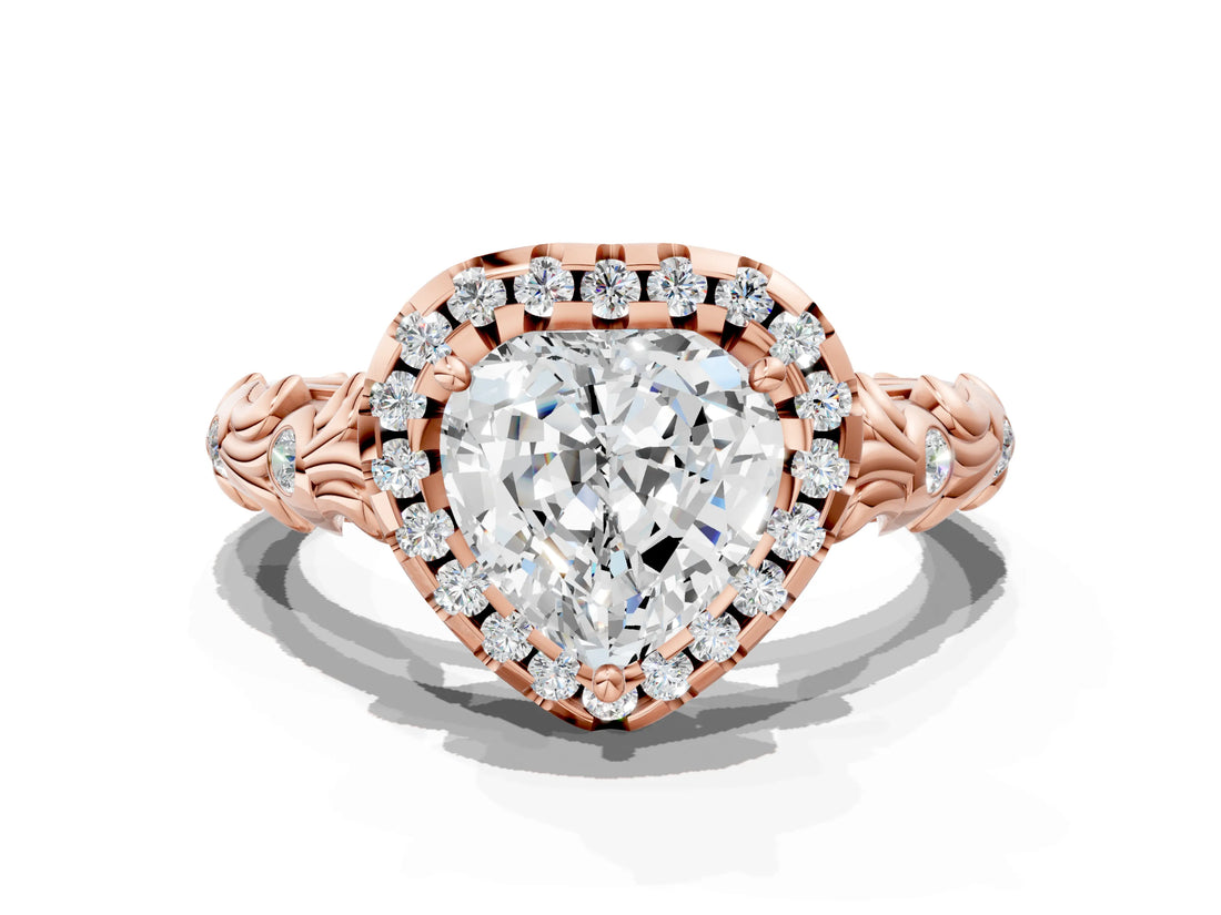 Rose gold Heart Cut Halo Diamond Solitaire with Filigree Band and Four-Prong Setting_3