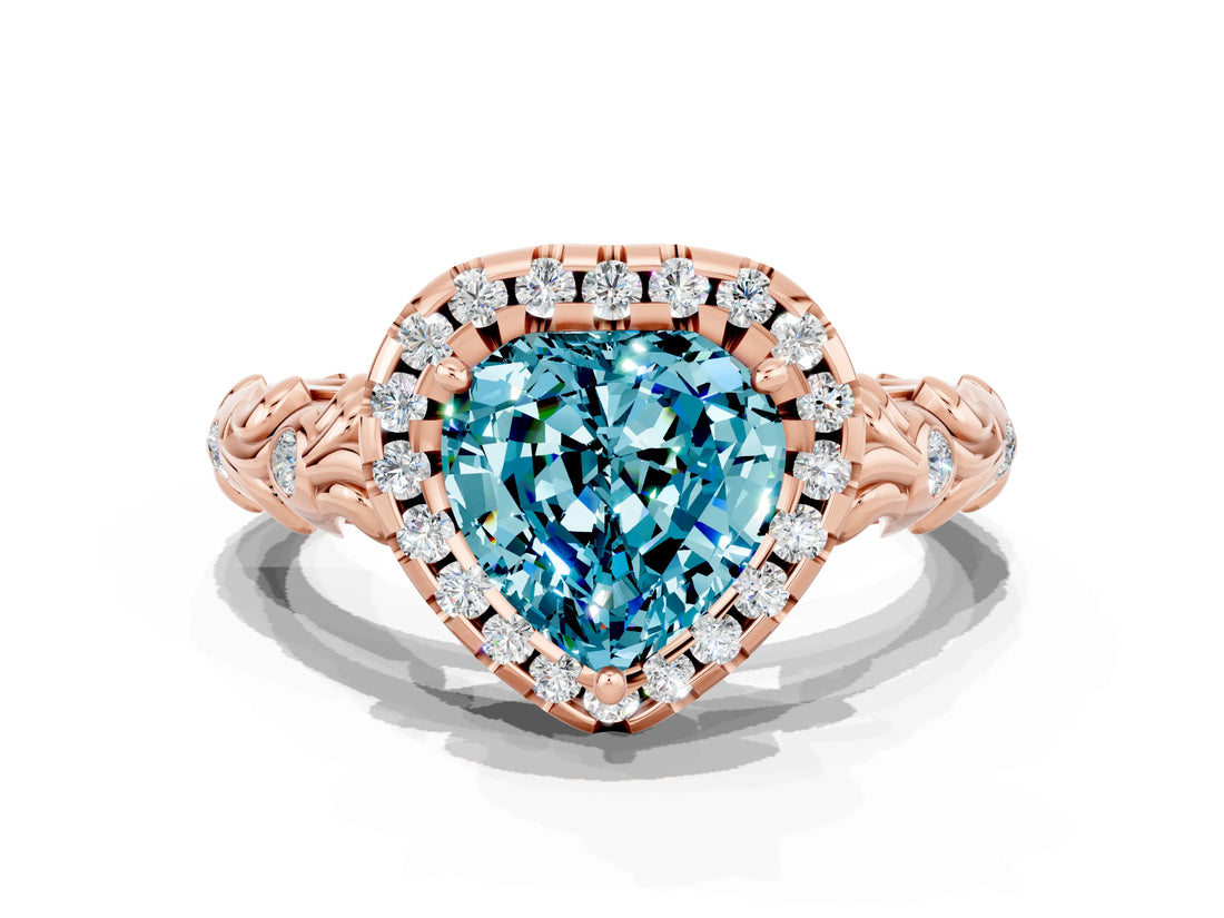 Rose gold Heart Cut Halo Diamond Solitaire with Filigree Band and Four-Prong Setting