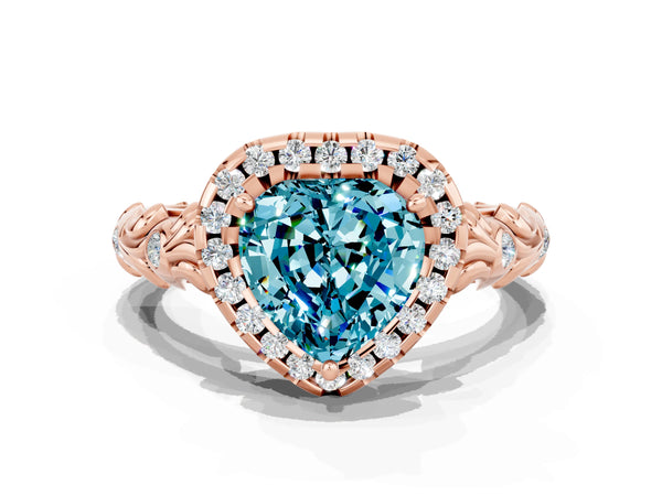 Rose gold Heart Cut Halo Diamond Solitaire with Filigree Band and Four-Prong Setting
