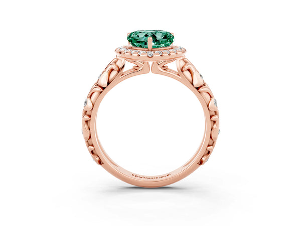 Rose gold Heart Cut Green Sapphire Halo Ring with Filigree Band and Prong Setting