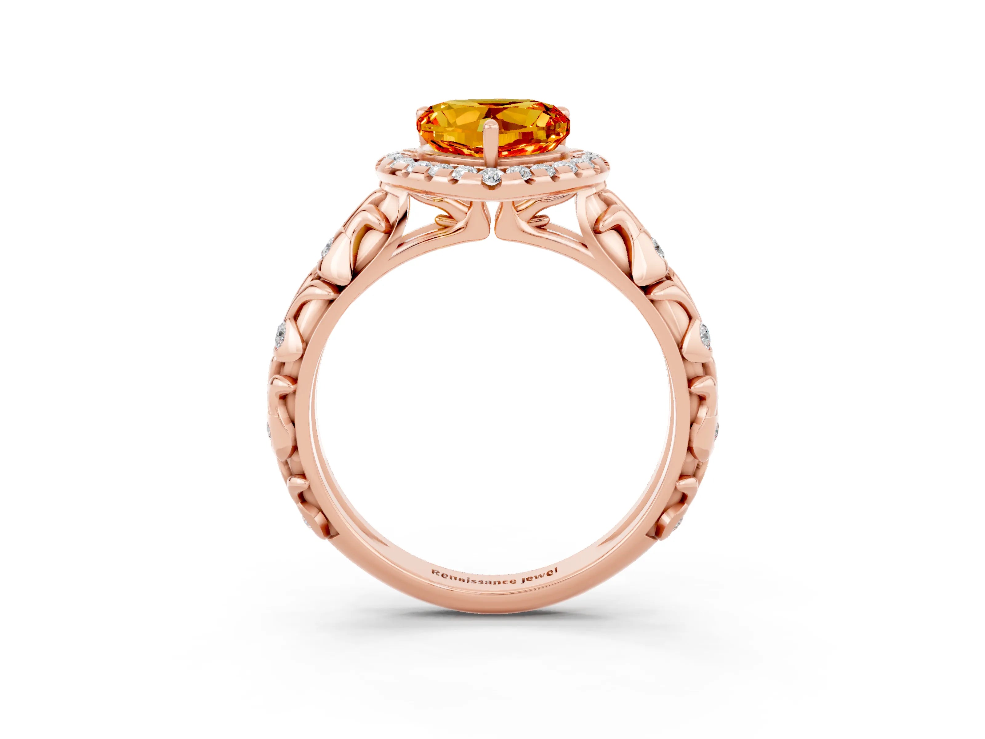Rose gold Heart Cut Halo Diamond Solitaire with Filigree Band and Four-Prong Setting_3