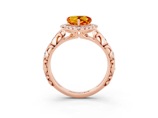 Rose gold Heart Cut Citrine Halo Ring with Filigree Band and Prong Setting