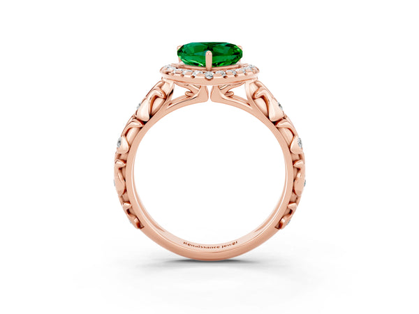 Rose gold Heart Cut Emerald Halo Ring with Filigree Band and Prong Setting