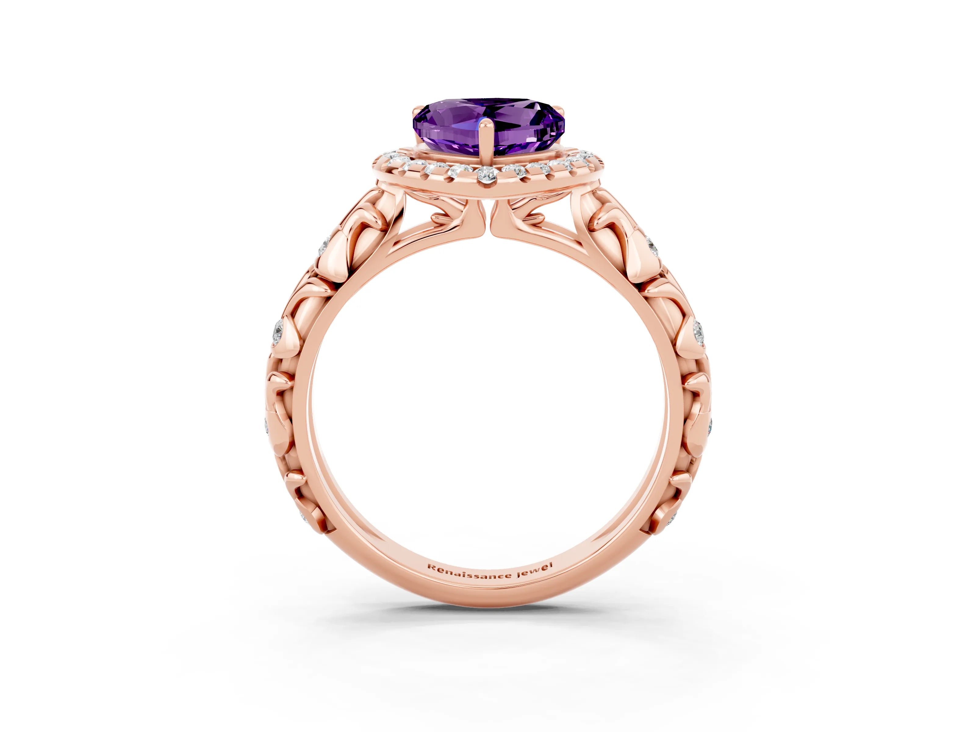 Rose gold Heart Cut Halo Diamond Solitaire with Filigree Band and Four-Prong Setting_3