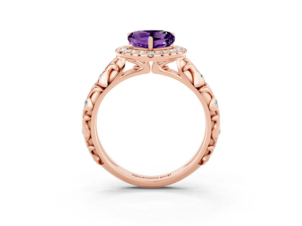 Rose gold Heart Cut Amethyst Halo Ring with Filigree Band and Prong Setting