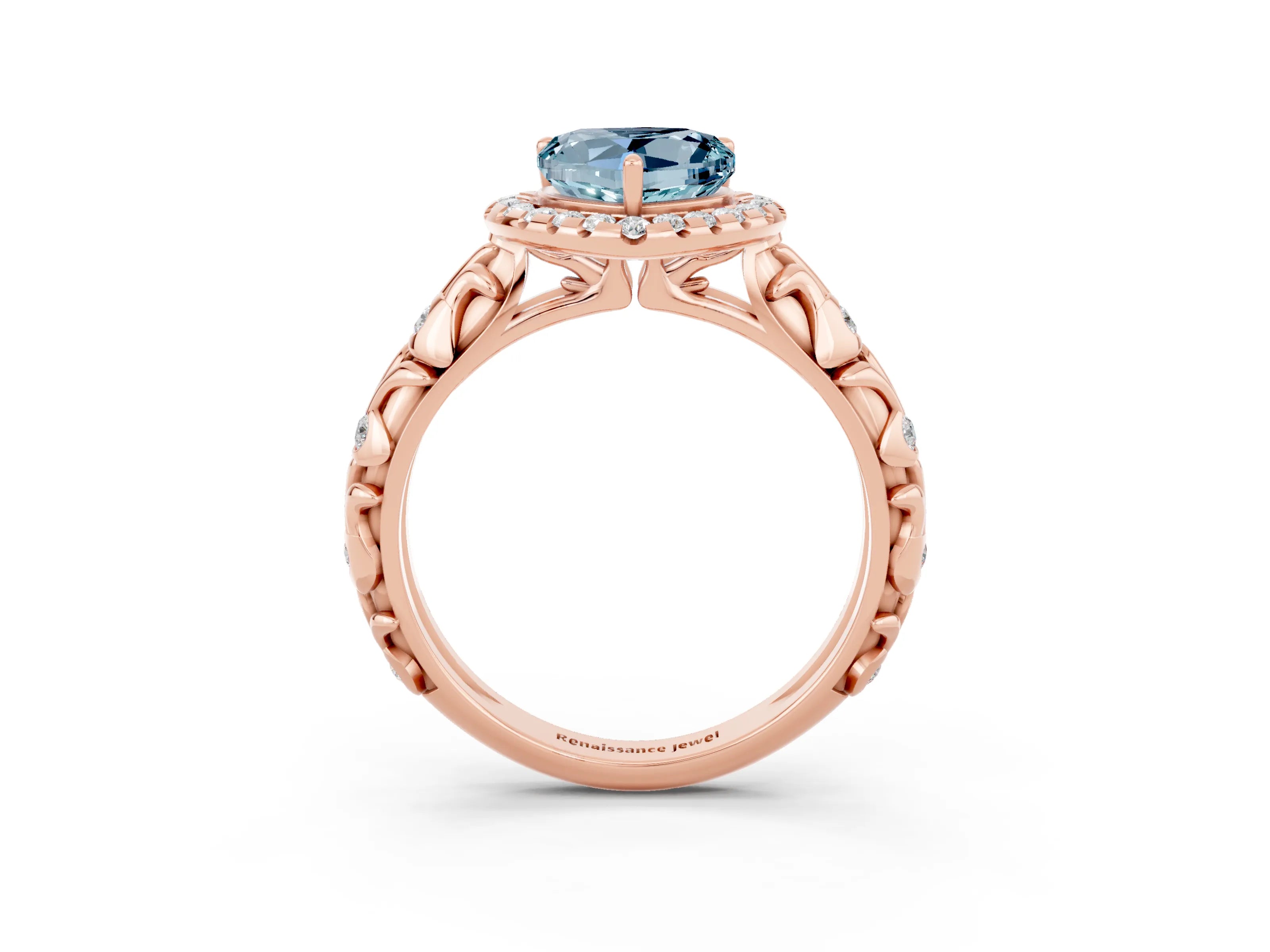 Rose gold Heart Cut Halo Diamond Solitaire with Filigree Band and Four-Prong Setting_3
