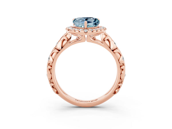 Rose gold Heart Cut Aquamarine Halo Ring with Filigree Band and Prong Setting