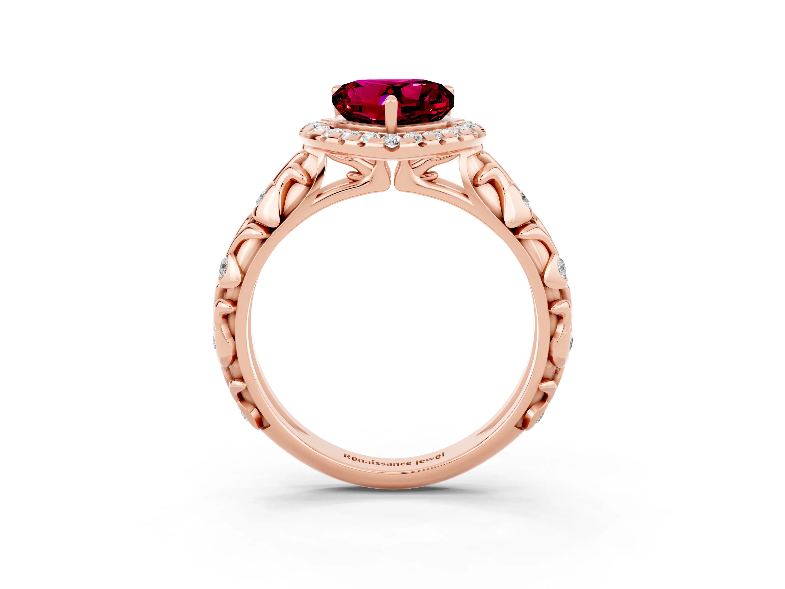 Rose gold Heart Cut Halo Diamond Solitaire with Filigree Band and Four-Prong Setting_3