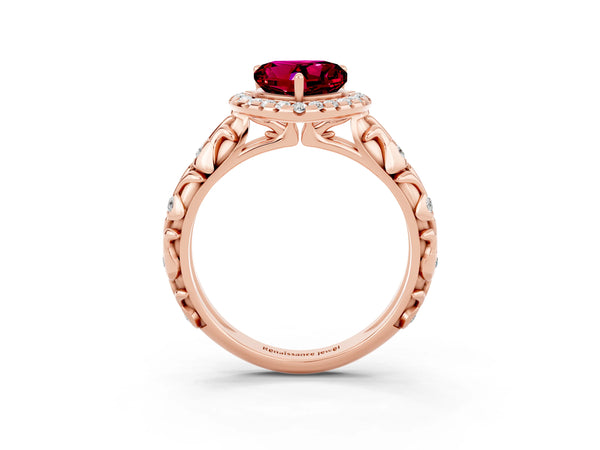 Rose gold Heart Cut Garnet Halo Ring with Filigree Band and Prong Setting