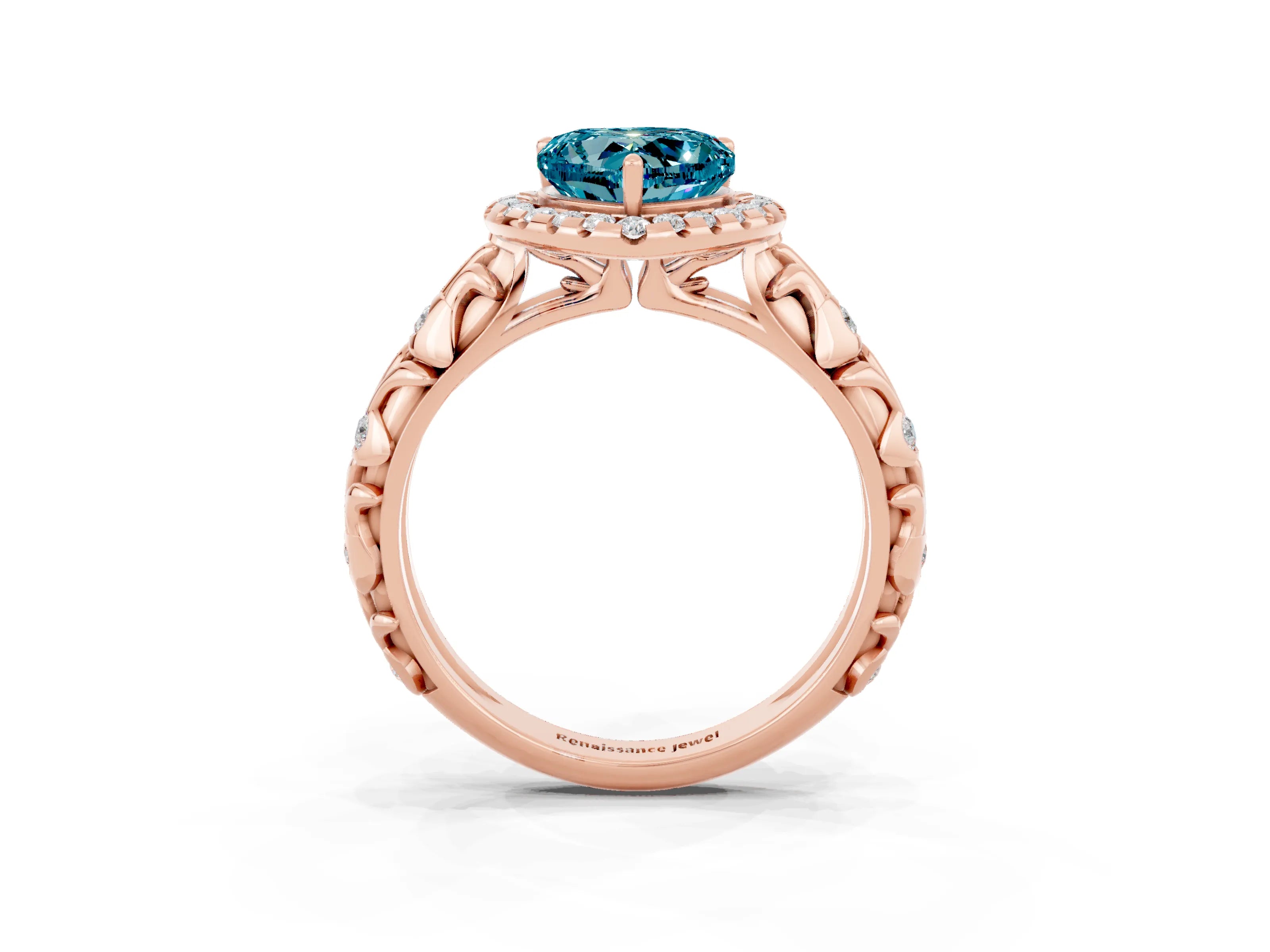 Rose gold Heart Cut Halo Diamond Solitaire with Filigree Band and Four-Prong Setting_3