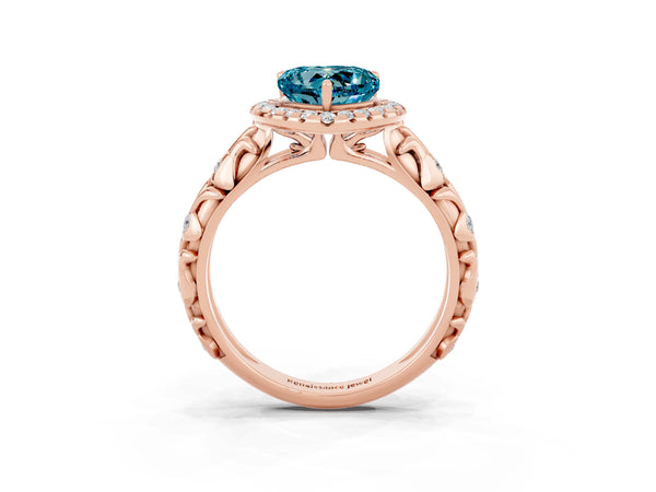 Rose gold Heart Cut Halo Diamond Solitaire with Filigree Band and Four-Prong Setting