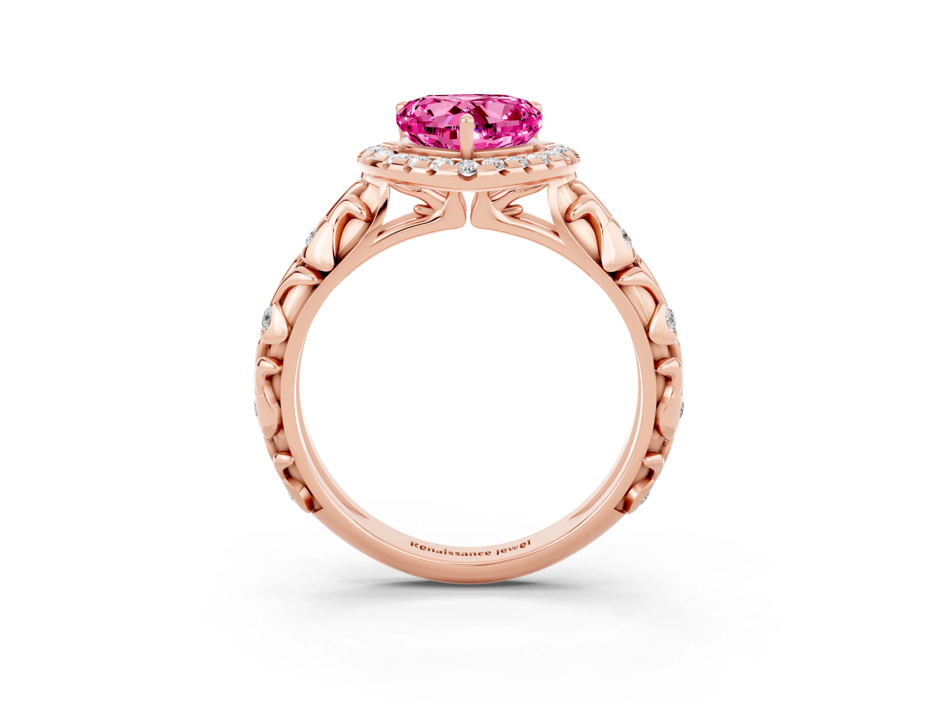 Rose gold Heart Cut Halo Diamond Solitaire with Filigree Band and Four-Prong Setting_3