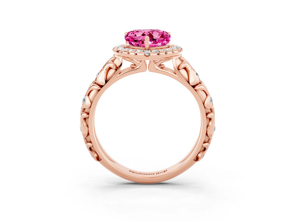 Rose gold Heart Cut Pink Sapphire Halo Ring with Filigree Band and Prong Setting
