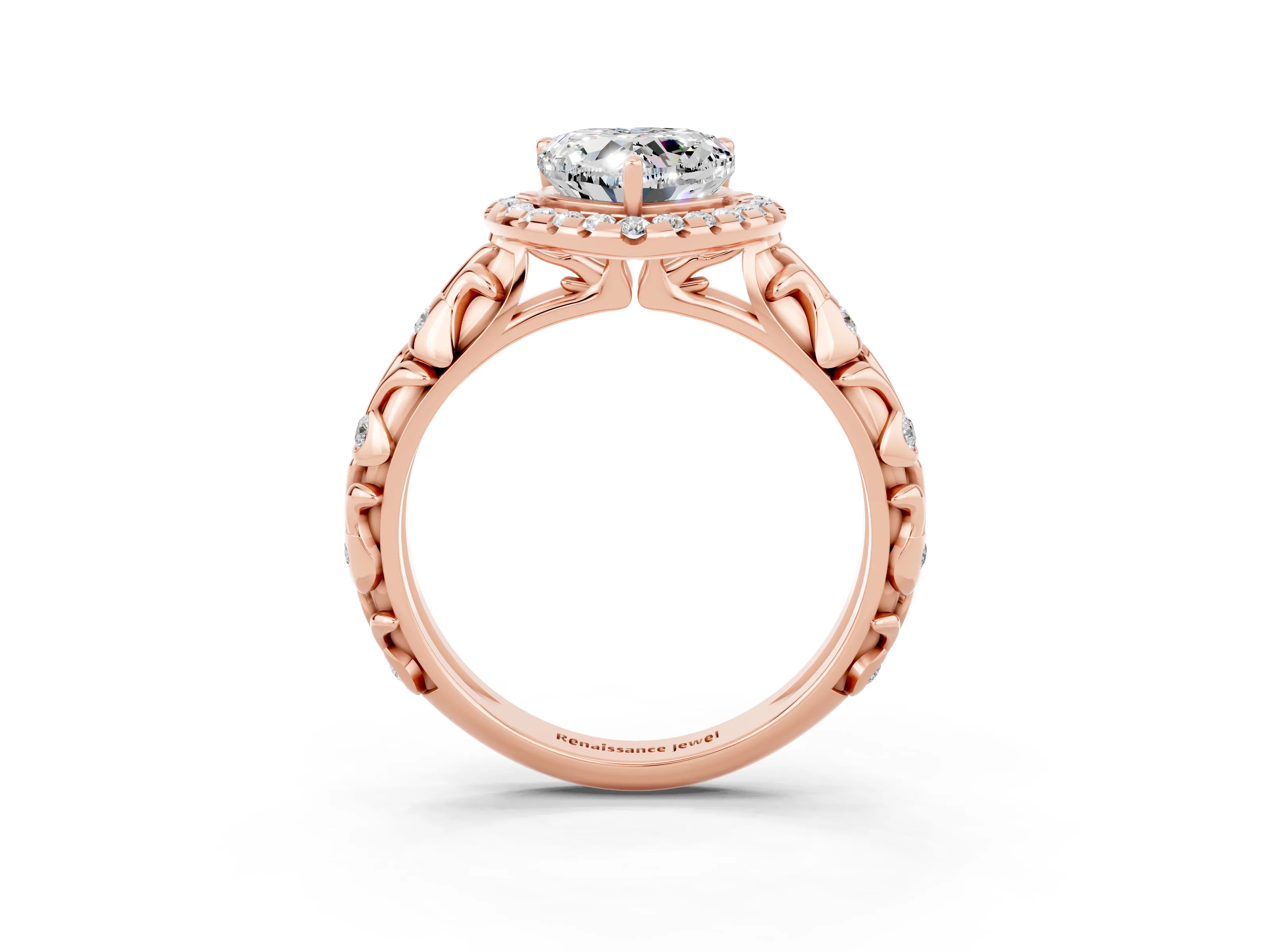 Rose gold Heart Cut Halo Diamond Solitaire with Filigree Band and Four-Prong Setting_3
