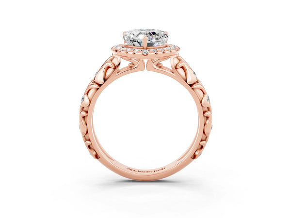 Rose gold Heart Cut Moissanite Halo Ring with Filigree Band and Prong Setting