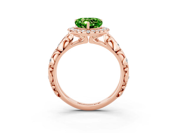 Rose gold Heart Cut Peridot Halo Ring with Filigree Band and Prong Setting