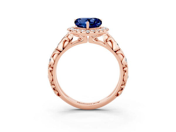Rose gold Heart Cut Blue Sapphire Halo Ring with Filigree Band and Prong Setting