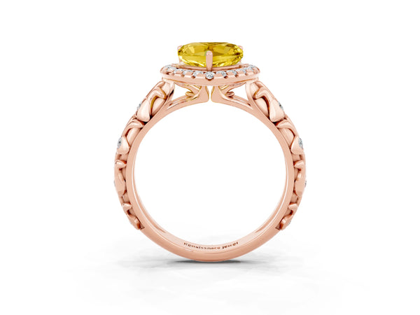 Rose gold Heart Cut Yellow Sapphire Halo Ring with Filigree Band and Prong Setting