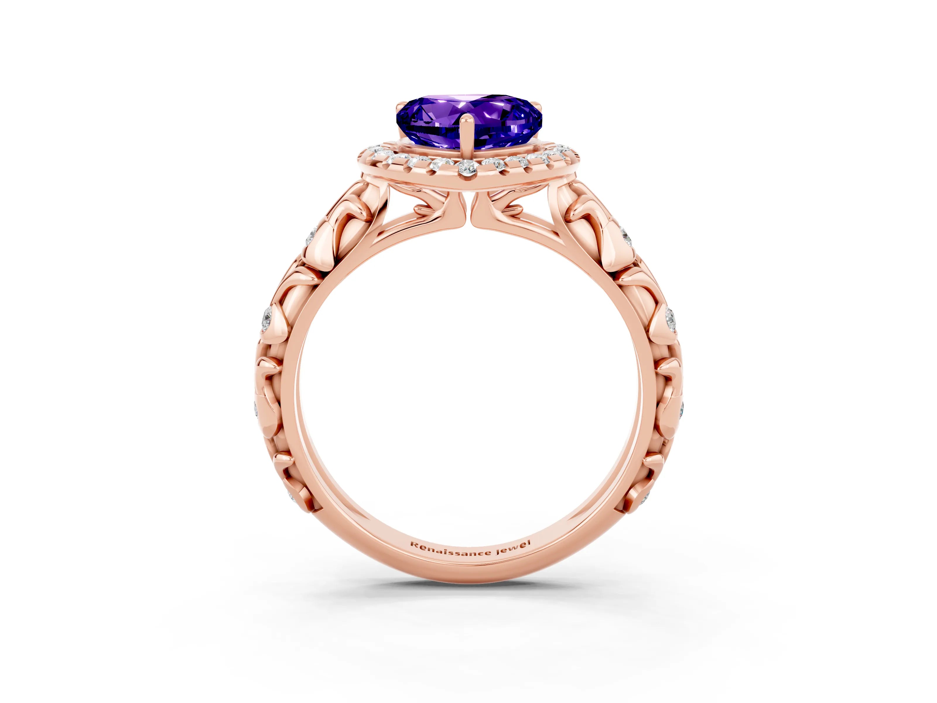 Rose gold Heart Cut Halo Diamond Solitaire with Filigree Band and Four-Prong Setting_3