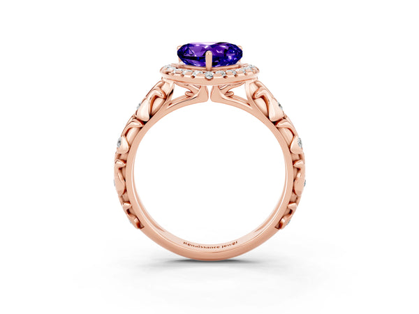 Rose gold Heart Cut Tanzanite Halo Ring with Filigree Band and Prong Setting