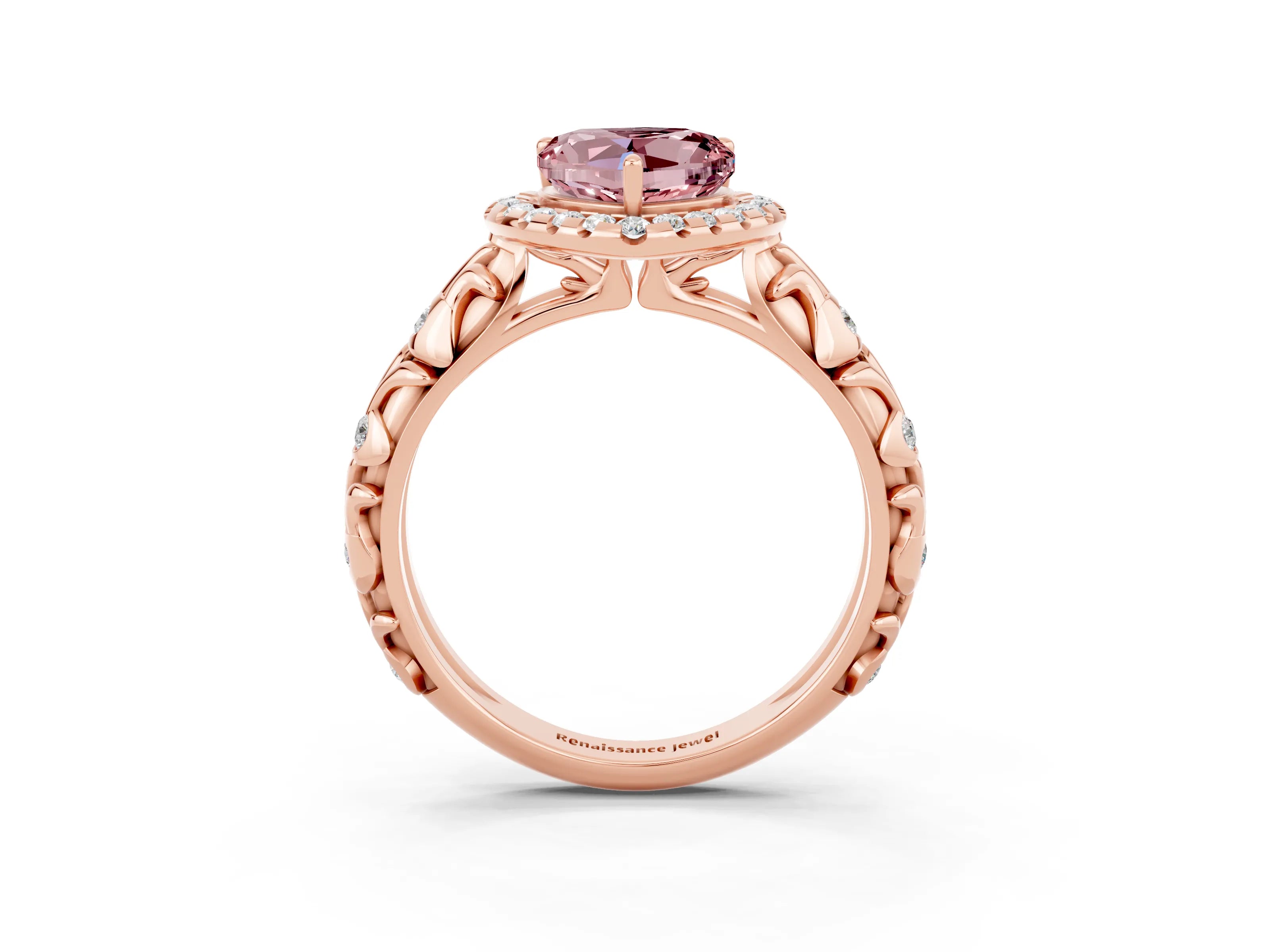 Rose gold Heart Cut Halo Diamond Solitaire with Filigree Band and Four-Prong Setting_3