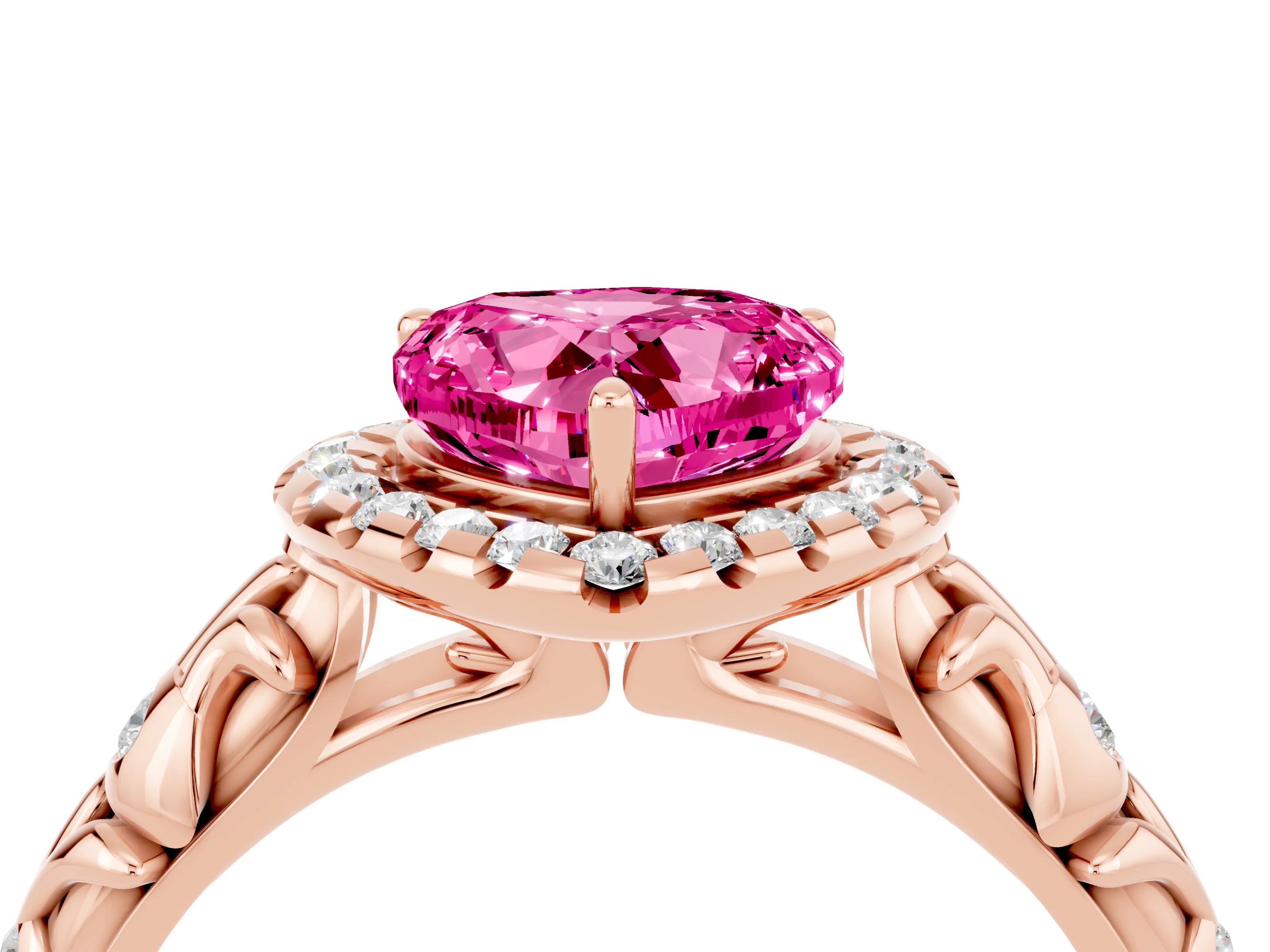 Rose gold Heart Cut Halo Diamond Solitaire with Filigree Band and Four-Prong Setting_4