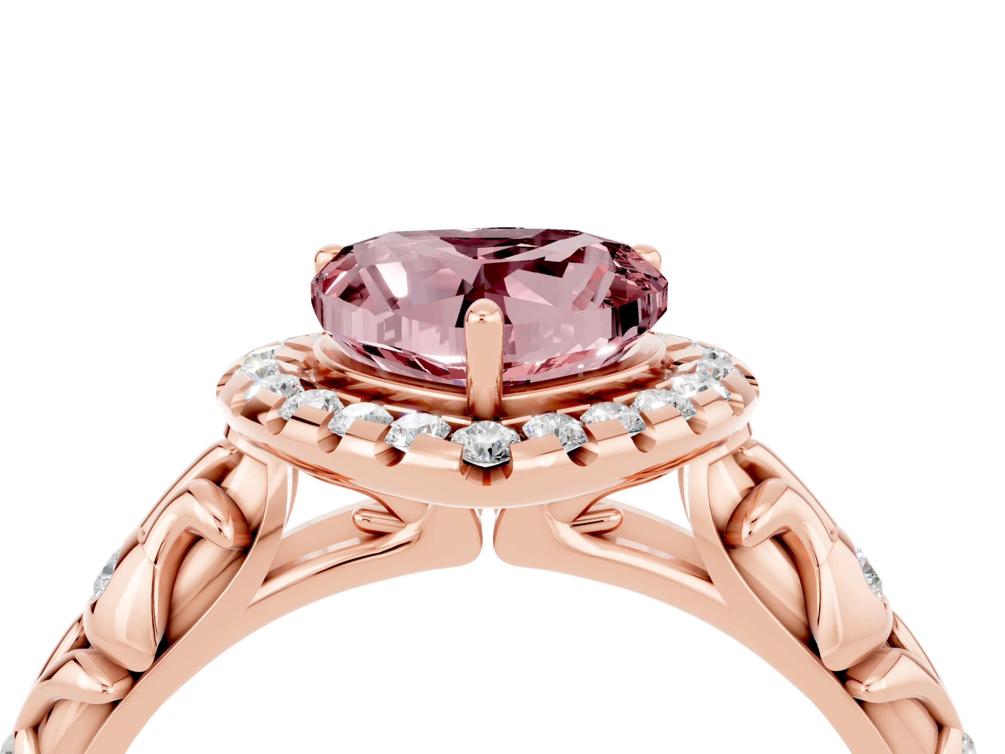 Rose gold Heart Cut Halo Diamond Solitaire with Filigree Band and Four-Prong Setting_4