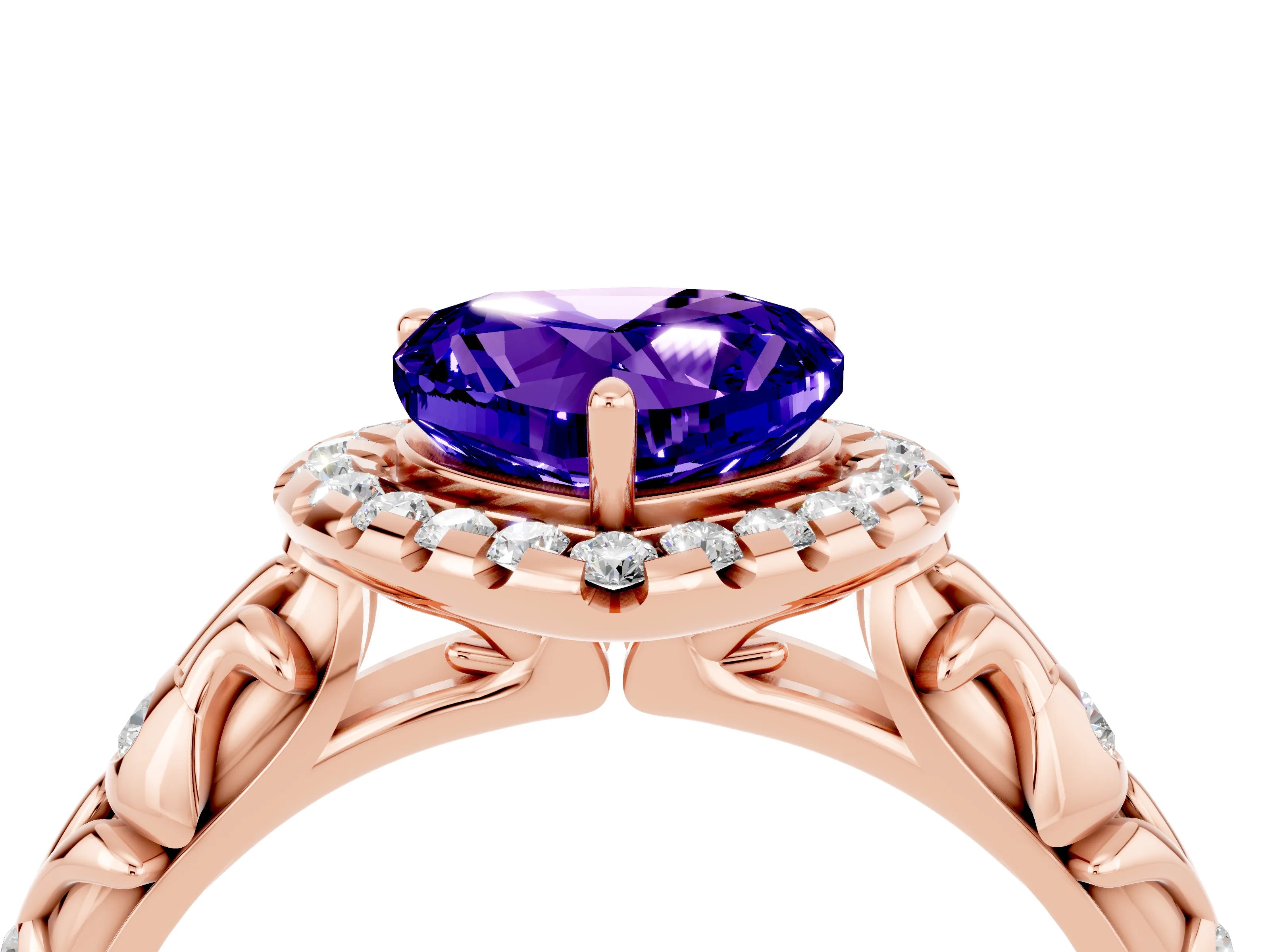 Rose gold Heart Cut Halo Diamond Solitaire with Filigree Band and Four-Prong Setting_4