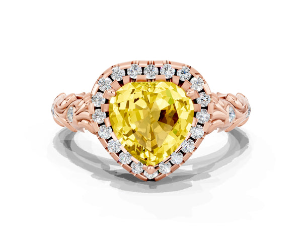 Rose gold Heart Cut Yellow Sapphire Halo Ring with Filigree Band and Prong Setting