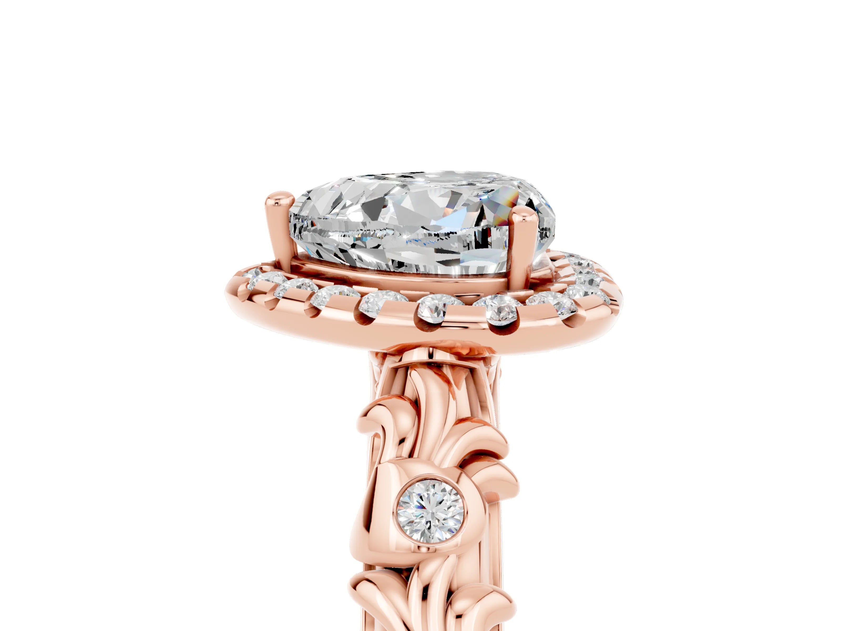 Rose gold Heart Cut Halo Diamond Solitaire with Filigree Band and Four-Prong Setting_5