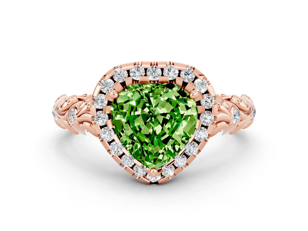Rose gold Heart Cut Peridot Halo Ring with Filigree Band and Prong Setting