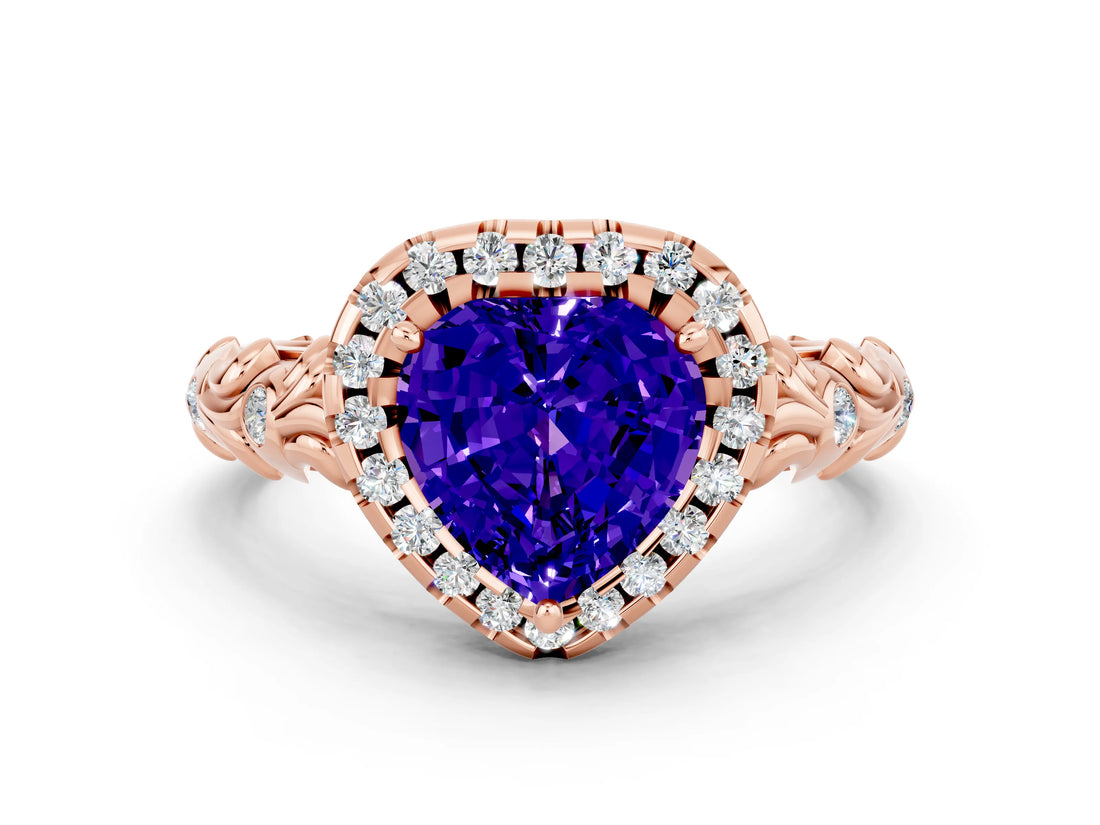 Rose gold Heart Cut Halo Diamond Solitaire with Filigree Band and Four-Prong Setting