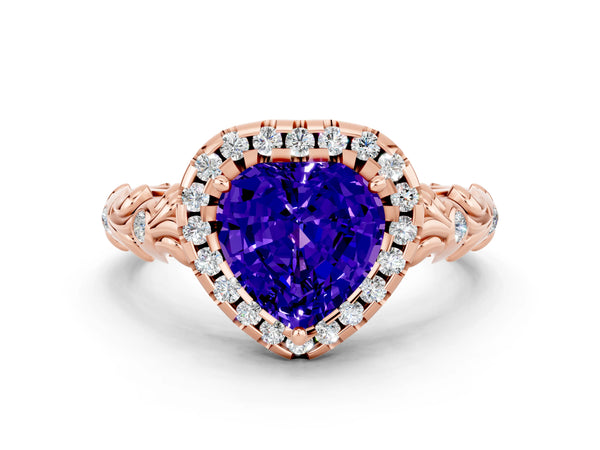 Rose gold Heart Cut Tanzanite Halo Ring with Filigree Band and Prong Setting