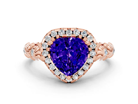 Rose gold Heart Cut Halo Diamond Solitaire with Filigree Band and Four-Prong Setting