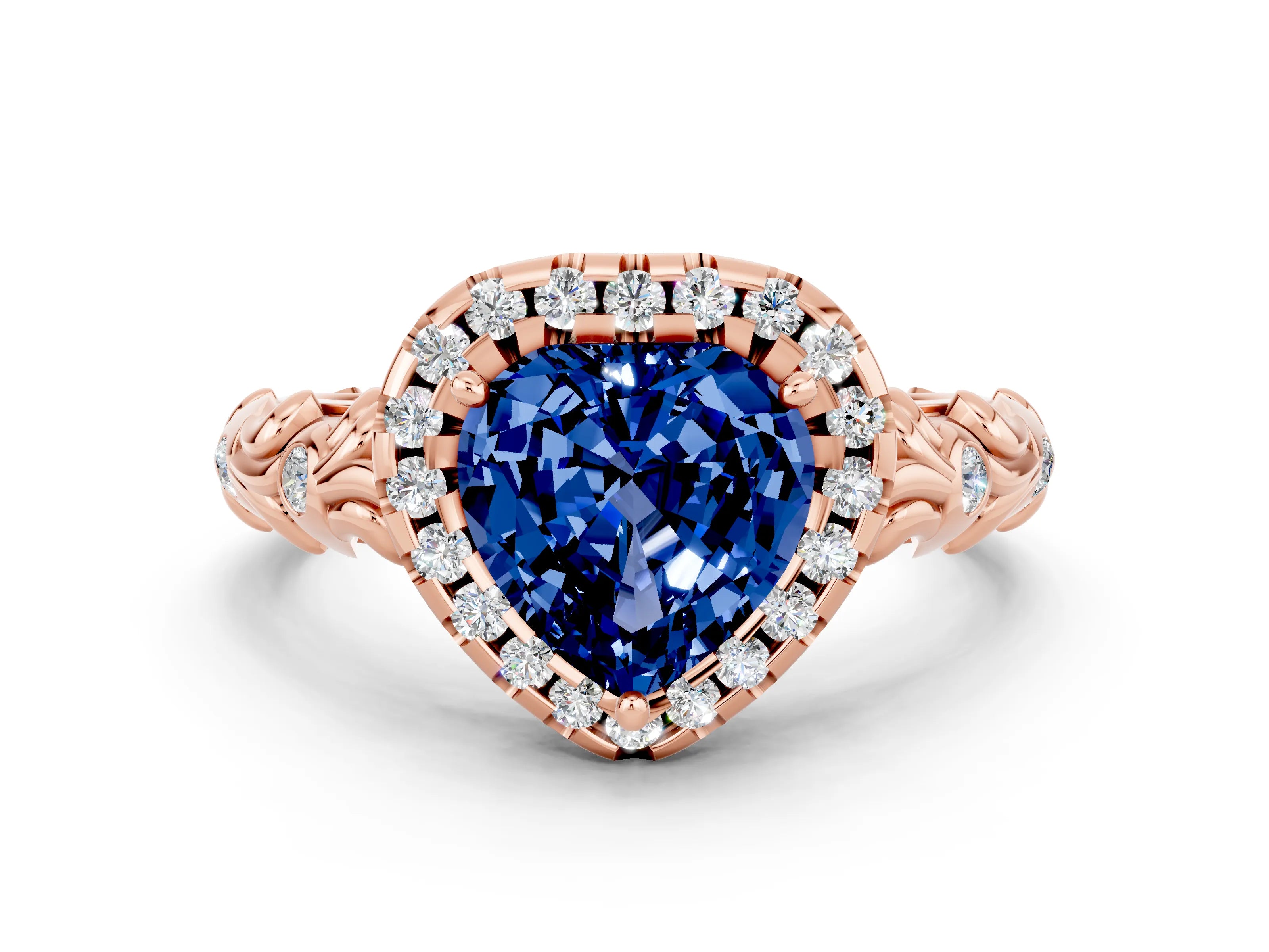 Rose gold Heart Cut Halo Diamond Solitaire with Filigree Band and Four-Prong Setting