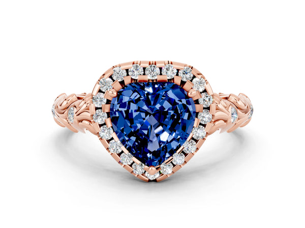 Rose gold Heart Cut Blue Sapphire Halo Ring with Filigree Band and Prong Setting