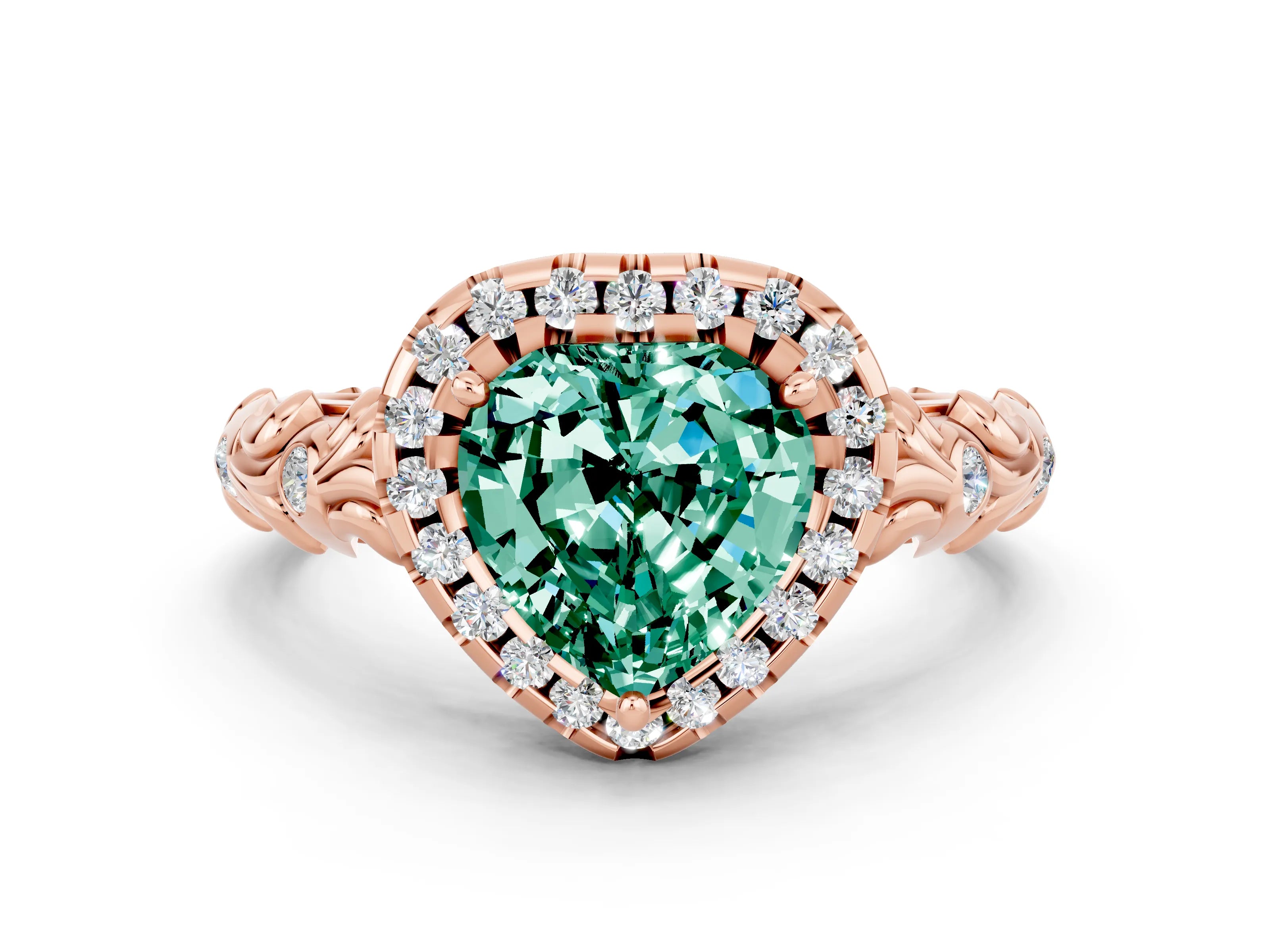 Rose gold Heart Cut Halo Diamond Solitaire with Filigree Band and Four-Prong Setting