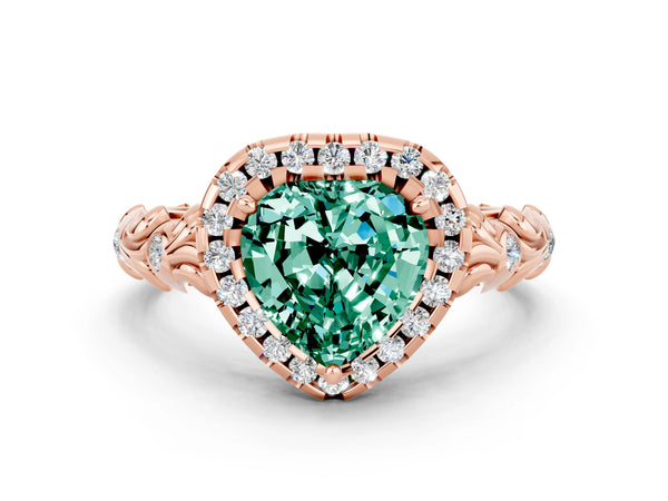 Rose gold Heart Cut Green Sapphire Halo Ring with Filigree Band and Prong Setting