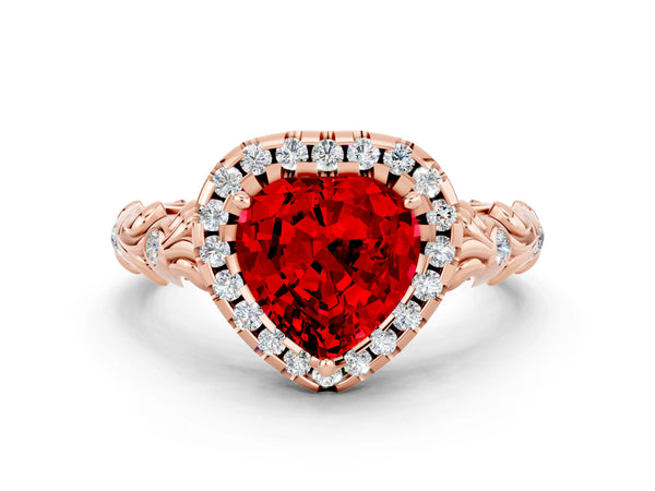 Rose gold Heart Cut Ruby Halo Ring with Filigree Band and Prong Setting