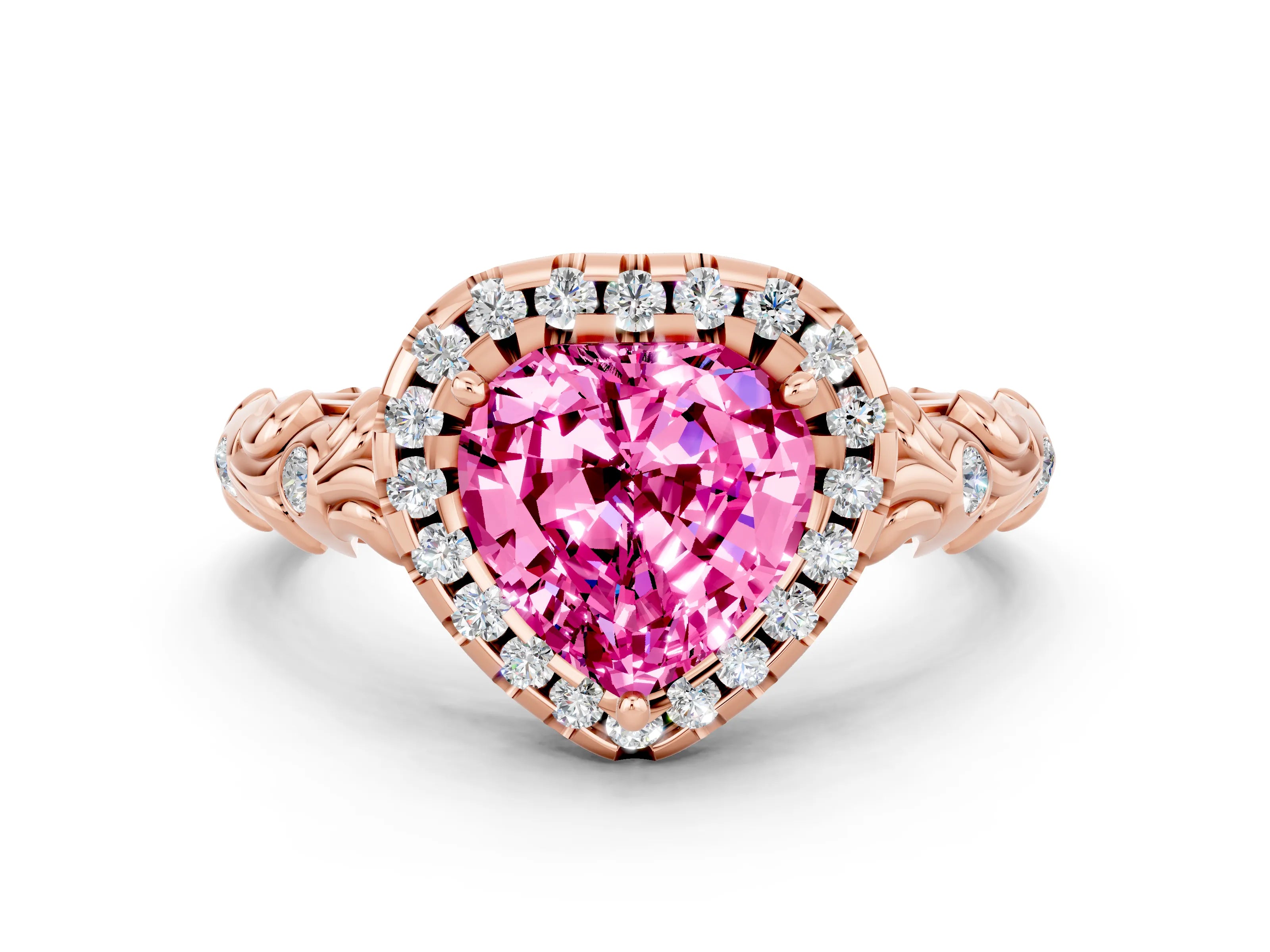 Rose gold Heart Cut Halo Diamond Solitaire with Filigree Band and Four-Prong Setting