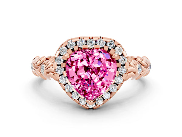 Rose gold Heart Cut Pink Sapphire Halo Ring with Filigree Band and Prong Setting