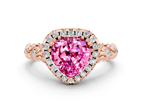 Rose gold Heart Cut Halo Diamond Solitaire with Filigree Band and Four-Prong Setting
