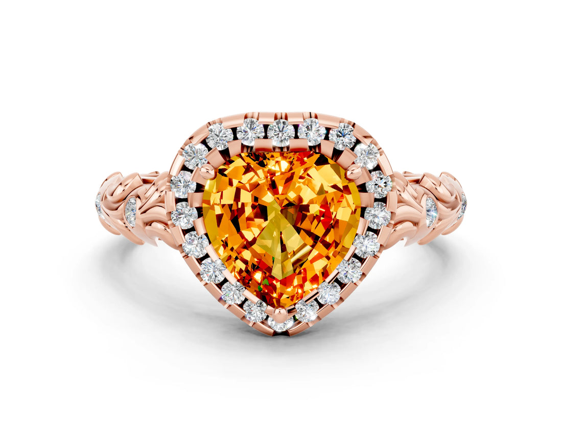 Rose gold Heart Cut Halo Diamond Solitaire with Filigree Band and Four-Prong Setting